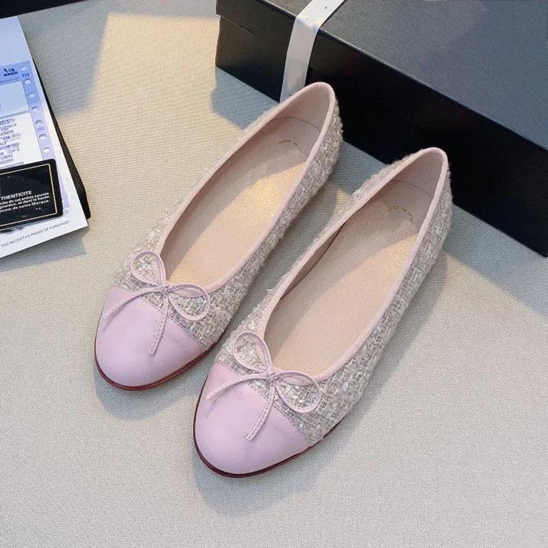 Весна 2024 года, новые женские балетки с круглым носком и бантом на плоской подошве, с закрытым носком