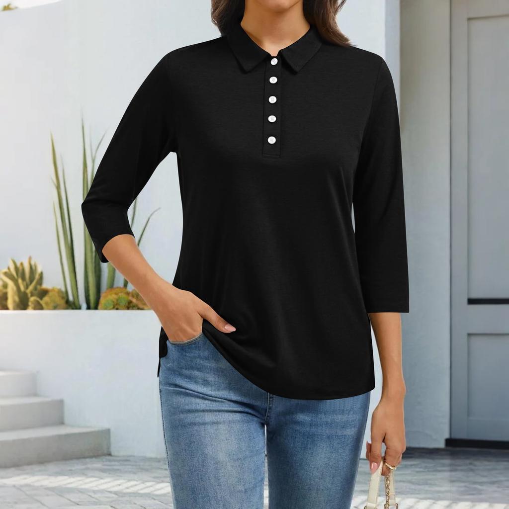 Women's Fashion Casual Lapel Short 3/4 Sleeve Solid Color Shirt Women's Button Up Tops