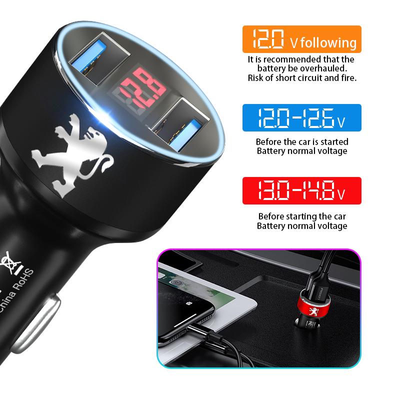 Автомобильное зарядное устройство 2 USB-порта Быстрая зарядка Цифровой дисплей Автоаксессуары Для Peugeot 308 408 508 RCZ 208 3008 2008 206 207 406 407 408 206 207 208 307