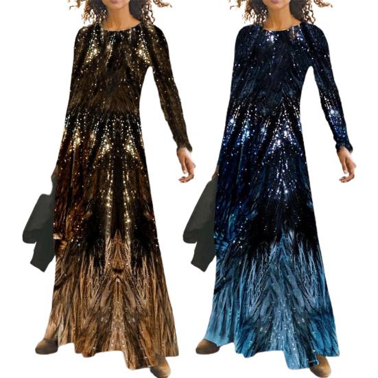 Леди Нижние юбки размера плюс длинное платье с принтом и блестками Весеннее тонкое платье макси с круглым вырезом для банкета