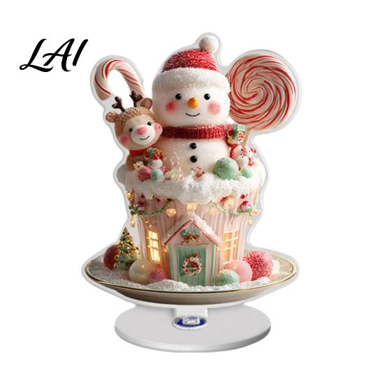360 Degree Spinning Sign Rotating Acrylic Desktop Ornament 2D Flat Christmas Santa Snowman Cupcake Plaque with Gift for Home Base Winter Bookshelf