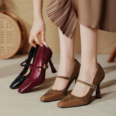 Модные французские туфли Мэри Джейн на красных шпильках с сексуальным 9-сантиметровым каблуком, новинка 2025 года, лоскутная обувь на квадратном каблуке с леопардовым принтом