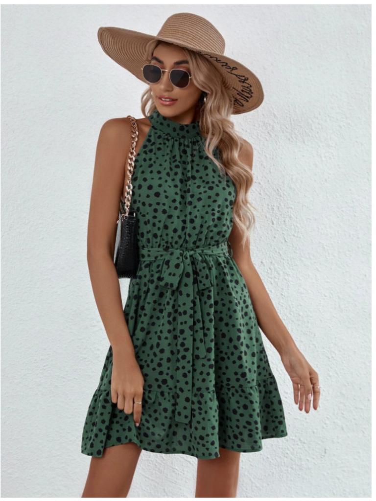 Halter Neck Round Dot Dress Lace Up Ruffle Edge Dress Sleeveless Chiffon Dresses Causal Women Dress
