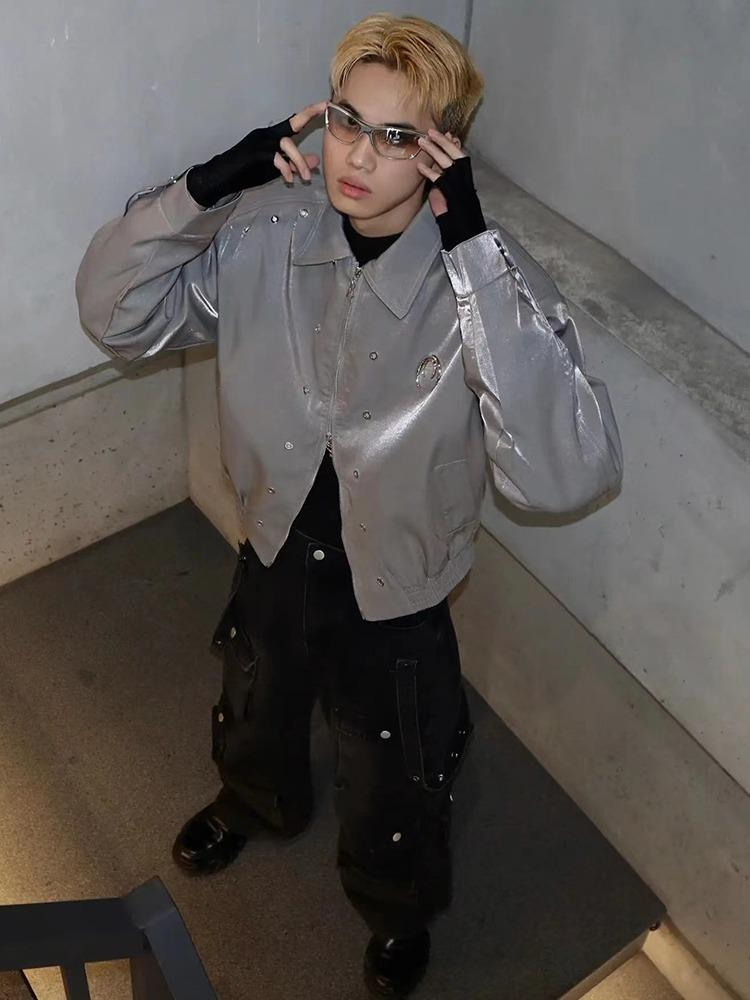 Unisex High-End Liquid Metal Star Design Short Jacket with Lapel and Drop Shoulders