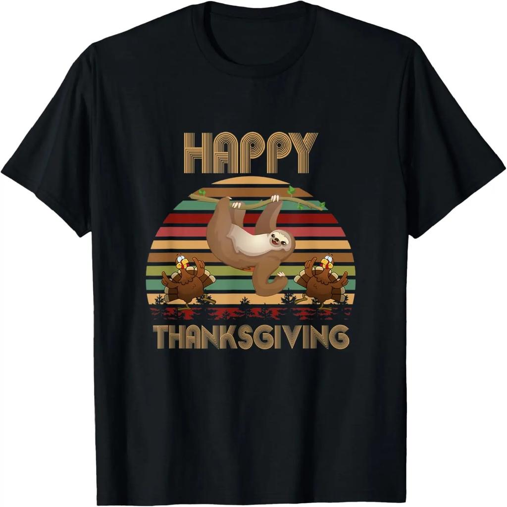 Funny Happy Thanksgiving Vintage Sloth Turkey Men Women Kid T-Shirt