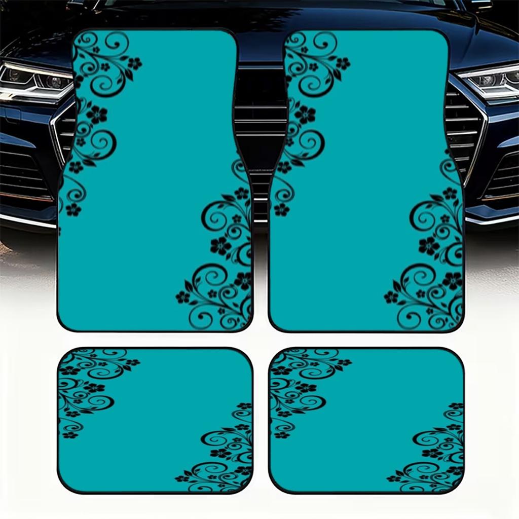 Набор из 4 бирюзовых автомобильных ковриков с художественным цветочным узором, изготовленных из прочного полиэстера, предназначенных для улучшения вашего автомобиля
