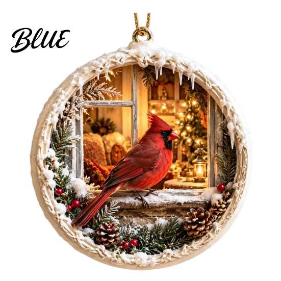 Festive Hanging Decor Acrylic Christmas Red Bird Ornament, Snow Scene Pattern Xmas Tree Ornaments Decor, Retro Round Pendant for Winter Holiday Party