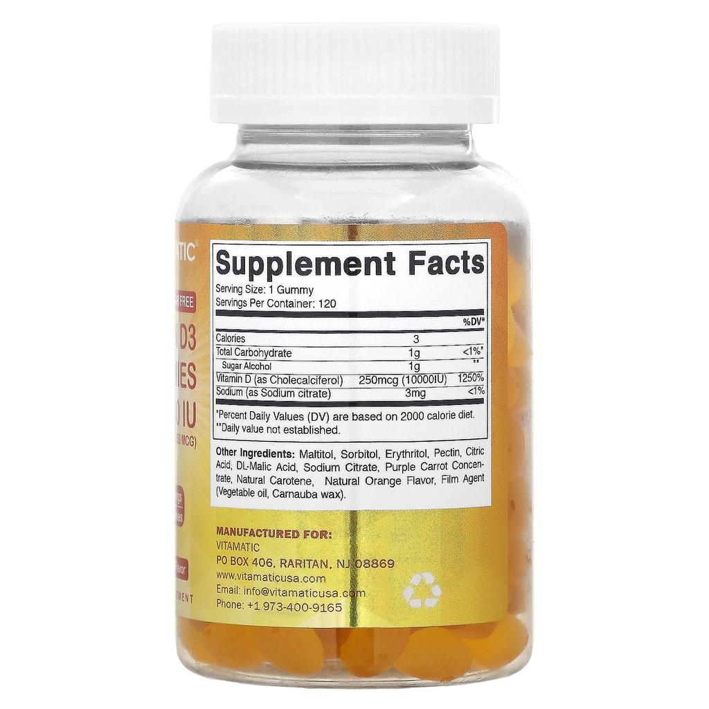 Sugar Free Vitamin D3, Natural Orange, 250Mcg (10,000Iu), 120 Gummies
