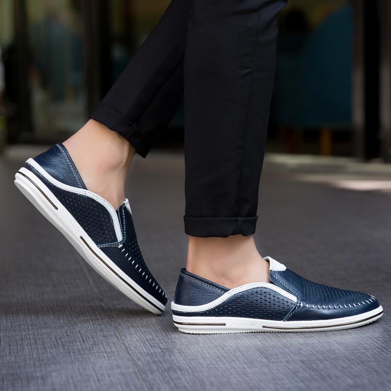 Модные мужские туфли-лоферы из натуральной кожи светлого цвета для отдыха, мужские дышащие туфли на плоской подошве с вырезами, повседневные туфли для офиса без застежек для мужчин
