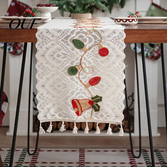 Vintage Table Runners Christmas Lace Runner with Tassels, Embroidered Festive Dining Tablecloths Cover, Decorative Cover for Holiday Parties Decor