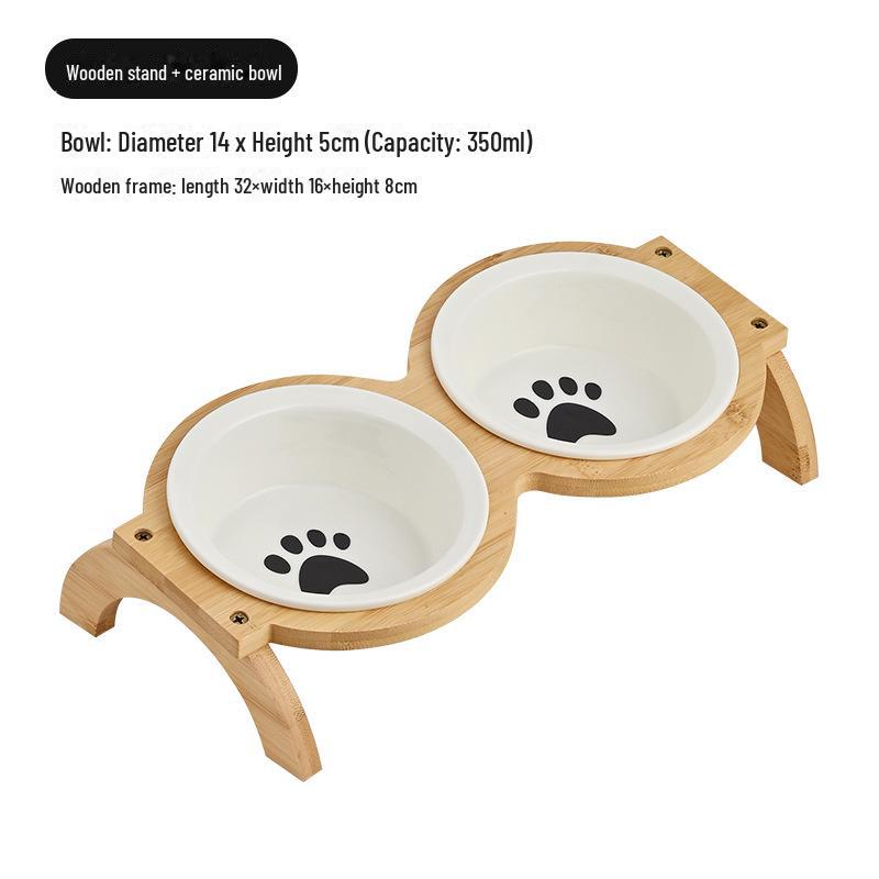 Керамическая миска для домашних животных на деревянной подставке двойного назначения: Противоударная конструкция для защиты шеи, подходит для кошек и собак.
