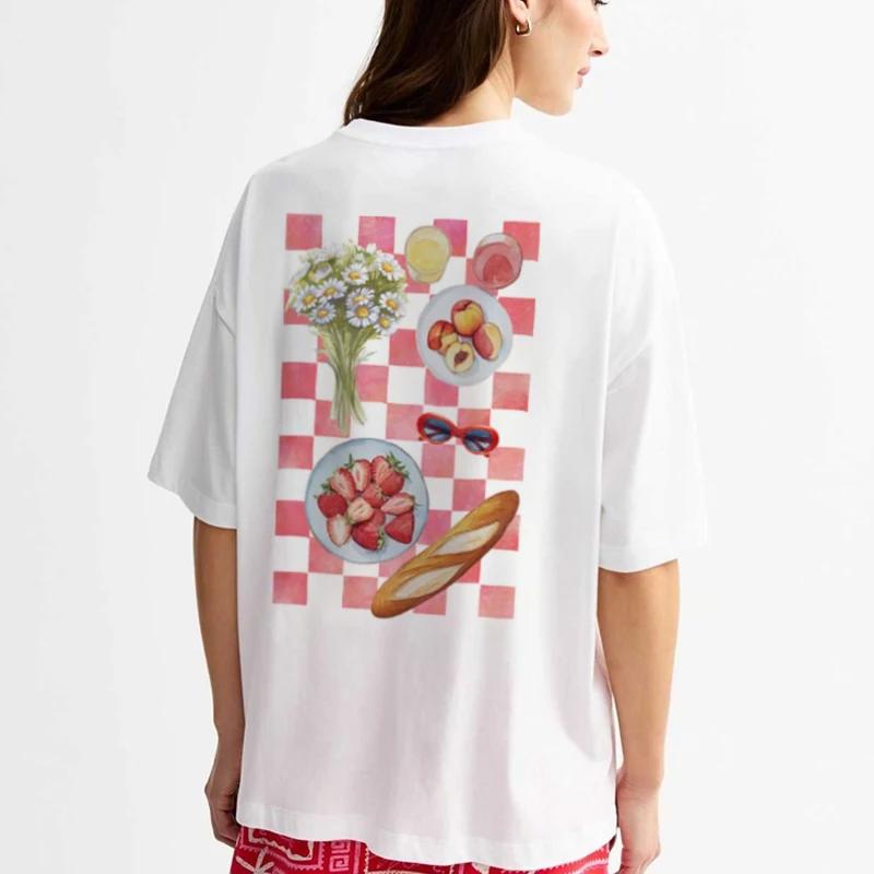 FeUnisex Summer Retro Picnic Back Print TShirt Y2k Aesthetic Foodie T Shirt Cute Fruit Baguette Graphic Tees Women Vacation Top