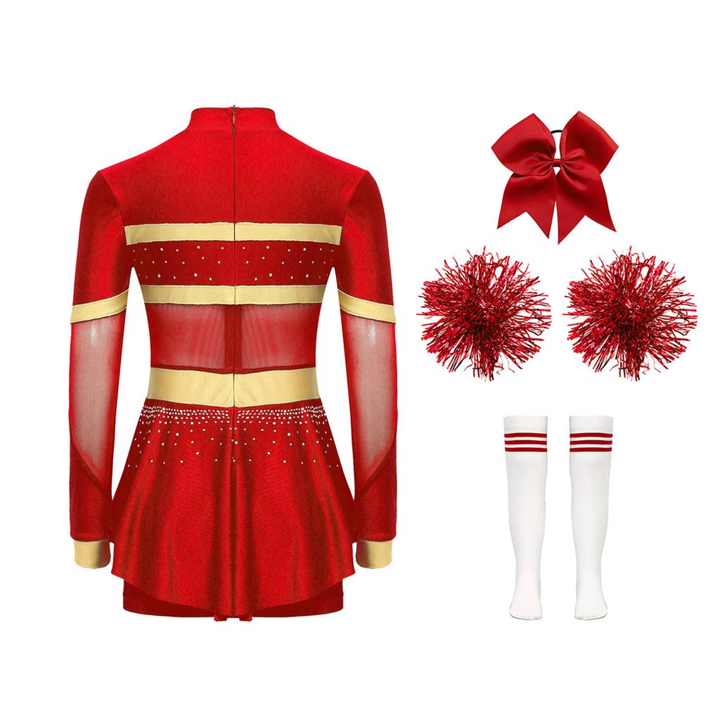 4Pcs Girls Cheer Leader Costume Long Sleeve Diamonds Dance Jumpsuit with Cheerleading Hand Flower Bowknot Hair Ties and Striped Knee High Tube Socks