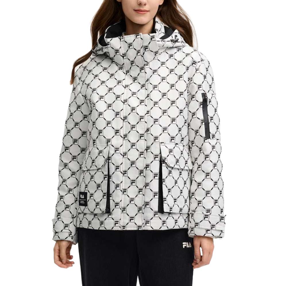 Fila SS25 Куртка с капюшоном теплая с логотипом по всей поверхности Женские куртки Облачно-Грибной-Белый F11W518901F-WT