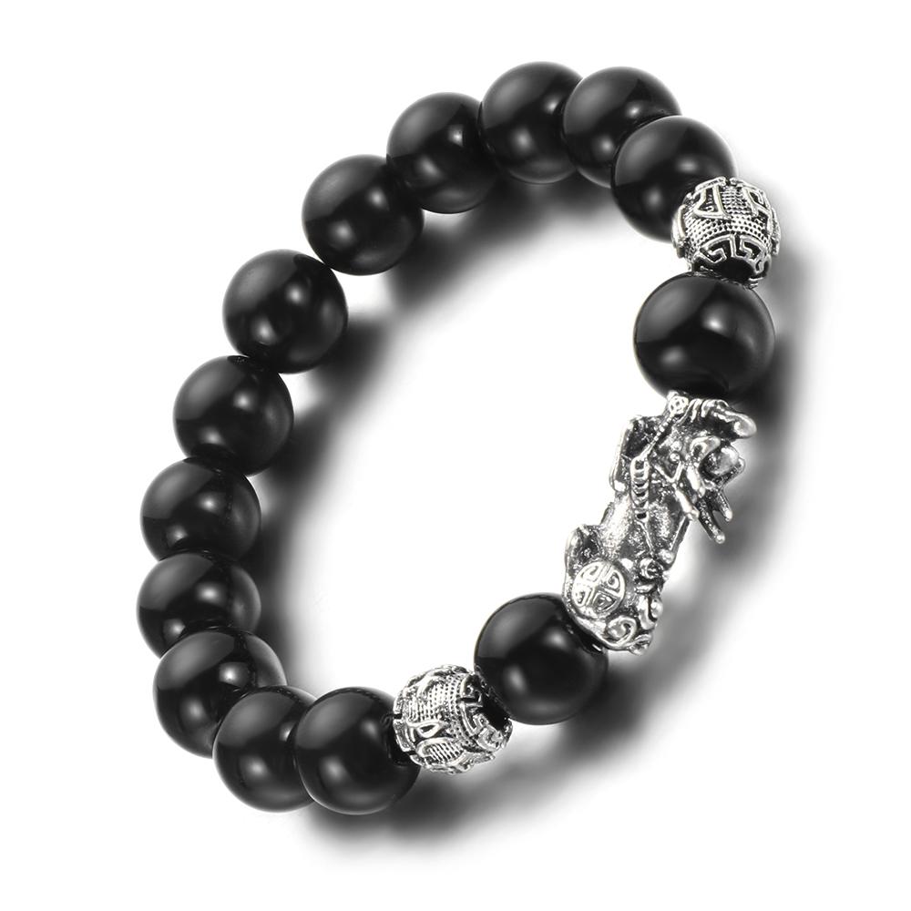 Women Buddhism Bead Black Good Luck Cuff Bangle Bracelet Feng Shui Silver PiXiu Obsidian Wristband