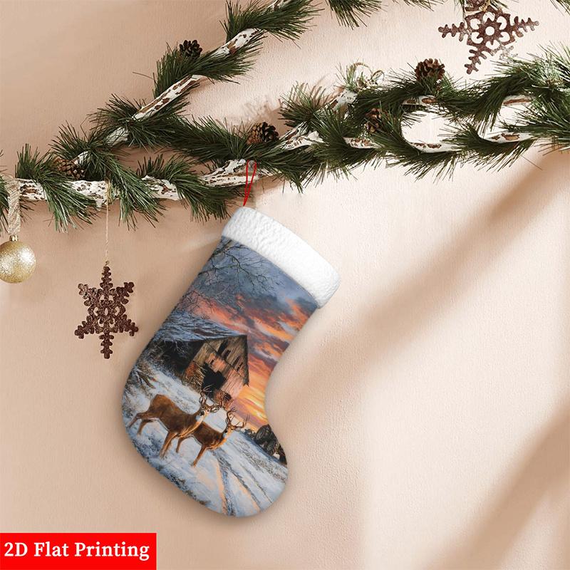 Christmas decoration fireplace hanging stocking Flat 2D Print, Polyester Christmas Stocking for Winter Farm with Deer An