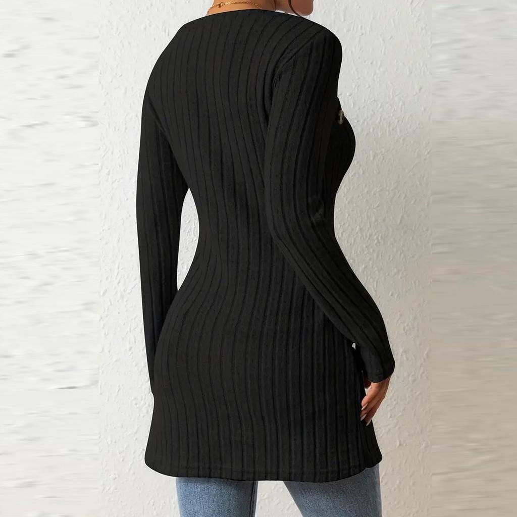 Women's Fashion Casual Long Sleeve Solid Colour Square Neck T-Shirt Button Decoration Irregular Hem Top