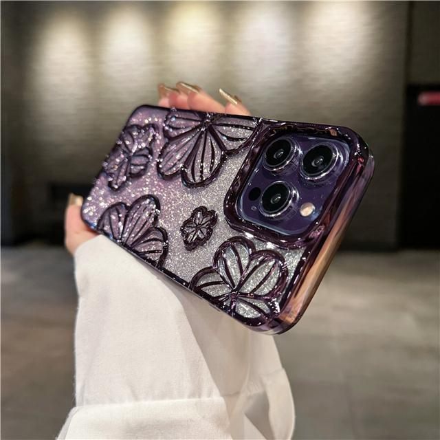 Для iPhone 15 Pro Max Роскошный чехол для телефона с блестками, цветами и гальваническим покрытием рамки Для iPhone 11 12 13 14 15 16 Мягкая защитная крышка