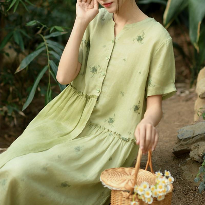Johnature Женское винтажное платье с v-образным вырезом и коротким рукавом, лоскутное платье с цветочной вышивкой, летнее платье трапециевидной формы в китайском стиле