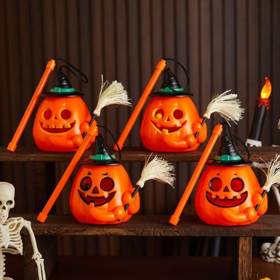 Portable Pumpkin Light Glowing Halloween Lantern, Jack O Lantern with Witch Hat Broom, Lightweight Prop Up Decor, Trick or Treat for Kids Party Decor
