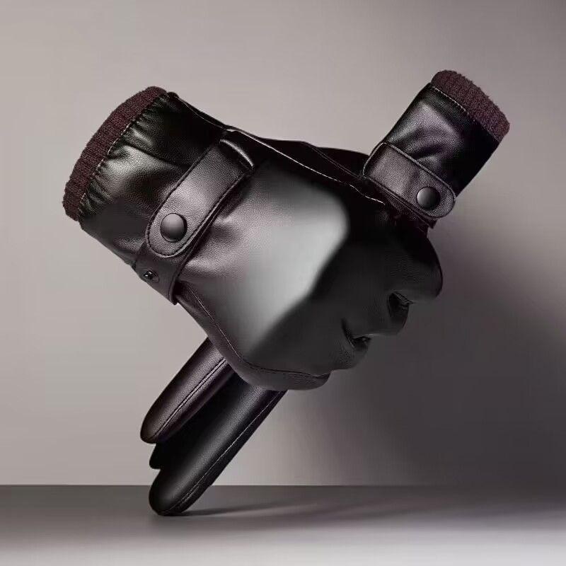 Мужские зимние кожаные велосипедные перчатки с сенсорным экраном - Ветрозащитные, водонепроницаемые и с бархатной подкладкой для тепла.