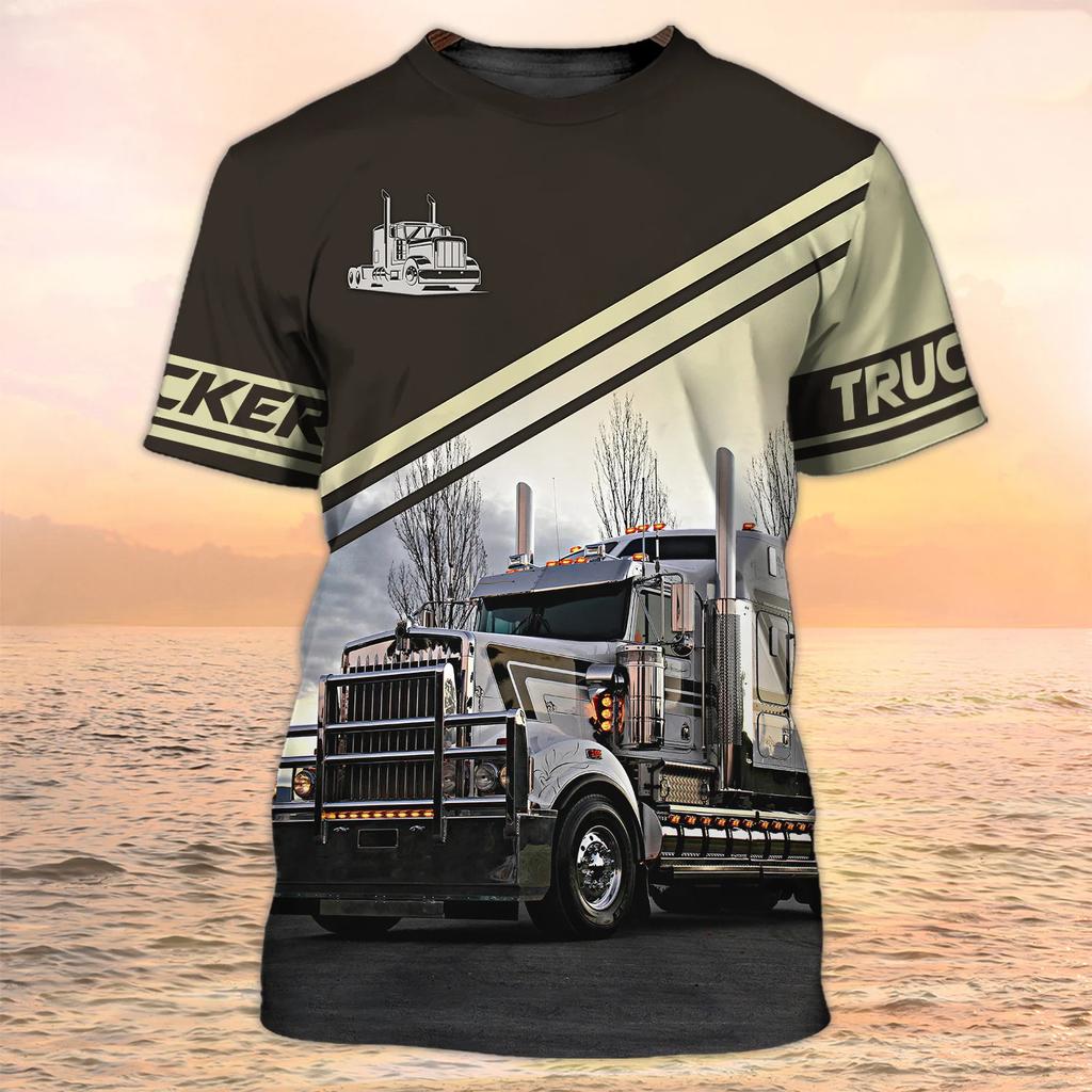 New Trucker Shirt Men's T-shirt 3D Truck Print Uniform Short Sleeve Tops 2024 Harajuku Clothing Summer O Neck Oversized Pullover