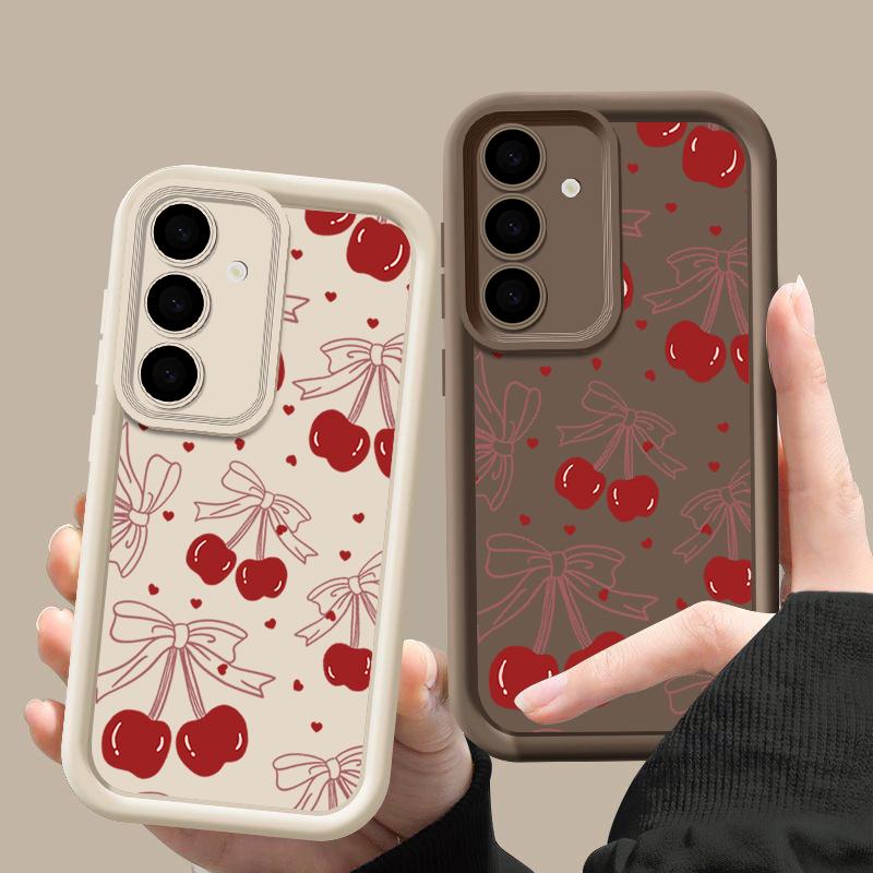 Cherry Pattern Matte Soft Case For Smausng S25 Plus S24 FE S23 Ultra A36 A56 A16 A26 A15 A55 A35 A06 Lens Protection Shockproof TPU Phone Cover