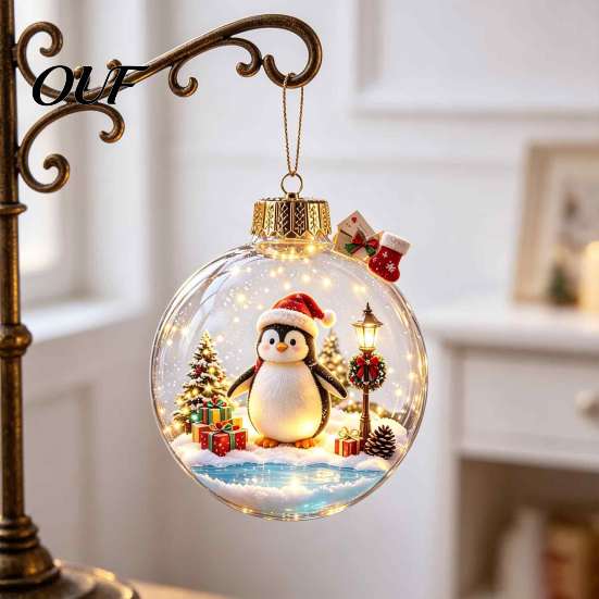 Winter Theme Party Supplies 3D Christmas Animal Faux Crystal Ball Ornament, Lighted Acrylic Hanging Decor Indoor Accents with Hedgehog Penguin Panda,