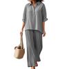 Women's Cotton Linen 2 Piece Set Casual Lapel V Neck Short Sleeve Top Wide Leg Pants Set Summer Loose Lounge Outfits