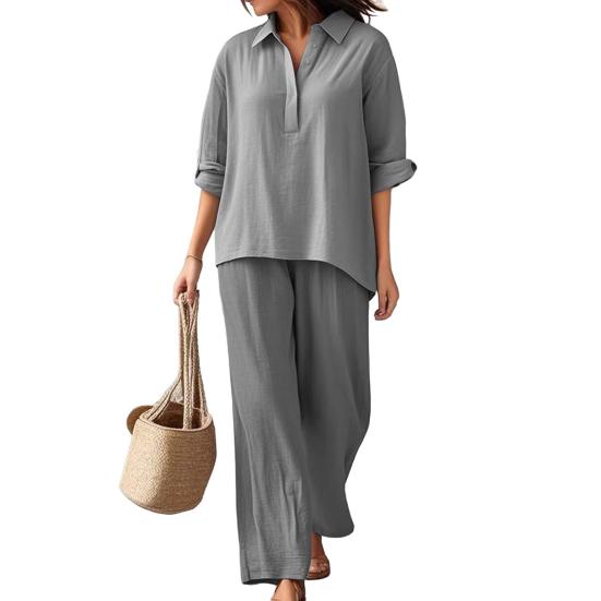 Women's Cotton Linen 2 Piece Set Casual Lapel V Neck Short Sleeve Top Wide Leg Pants Set Summer Loose Lounge Outfits