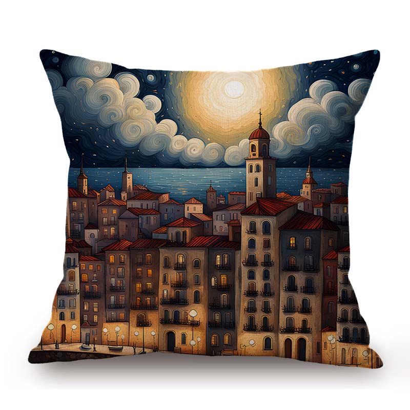 Starry Starry Night Modern Art Oil Painting City Town Under The Moon Light Home Decoration Art Pillow Case Sofa Cushion Cover