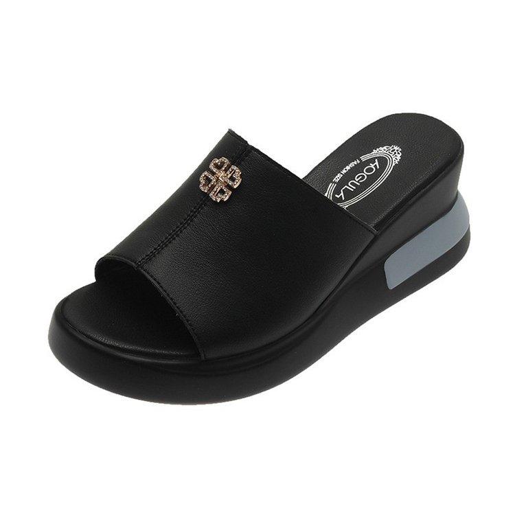 Кожаные тапочки женская мода 2025 лето новые крутые тапочки на высоком каблуке женские толстая подошва танкетка сандалии на одной перемычке