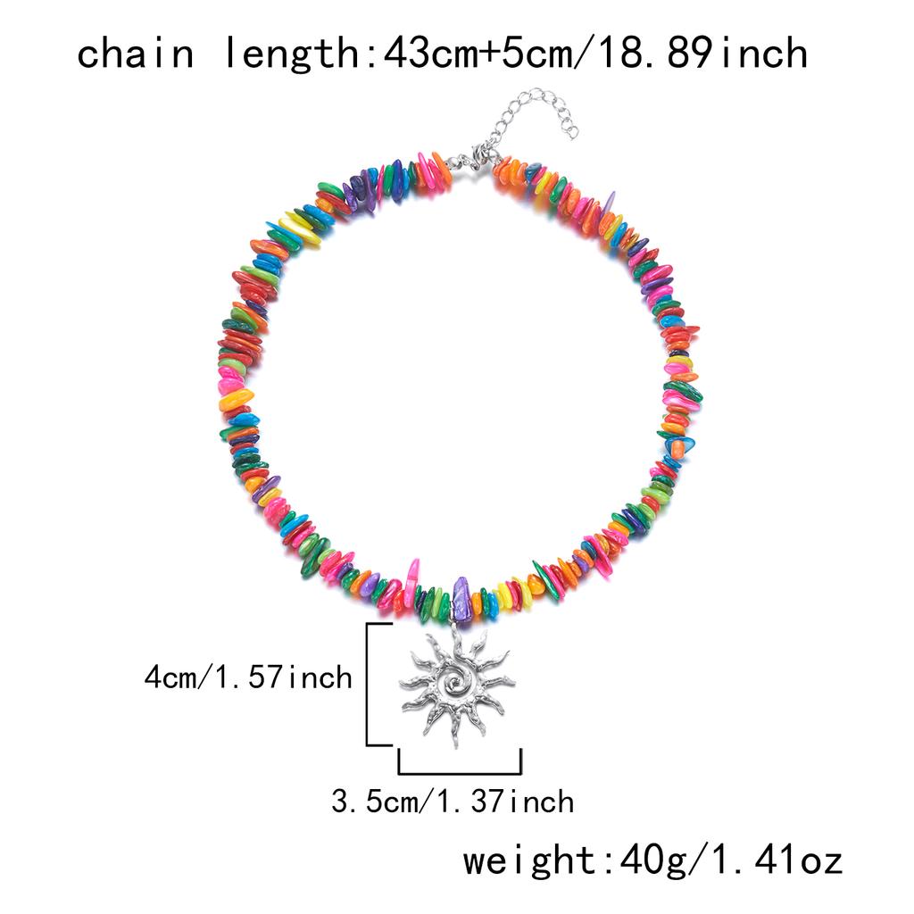 Bohemian Rainbow Beaded Choker Necklace for Women Vintage Silver Color Sun Pendant Necklaces Summer Beach Vacation Jewelry Gift