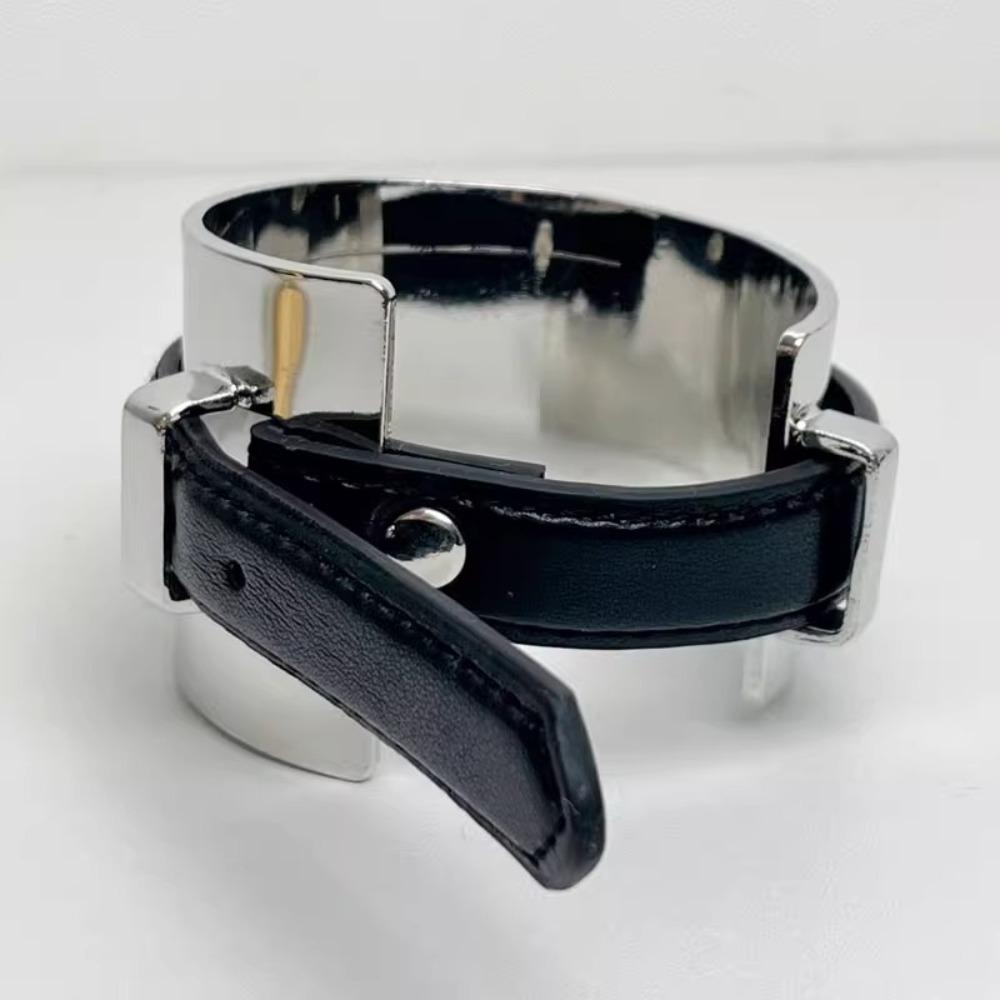 Golden Exaggerated Metal Bangle Armlet Women Open Bangle Belt Buckle Leather Bracelet  Party