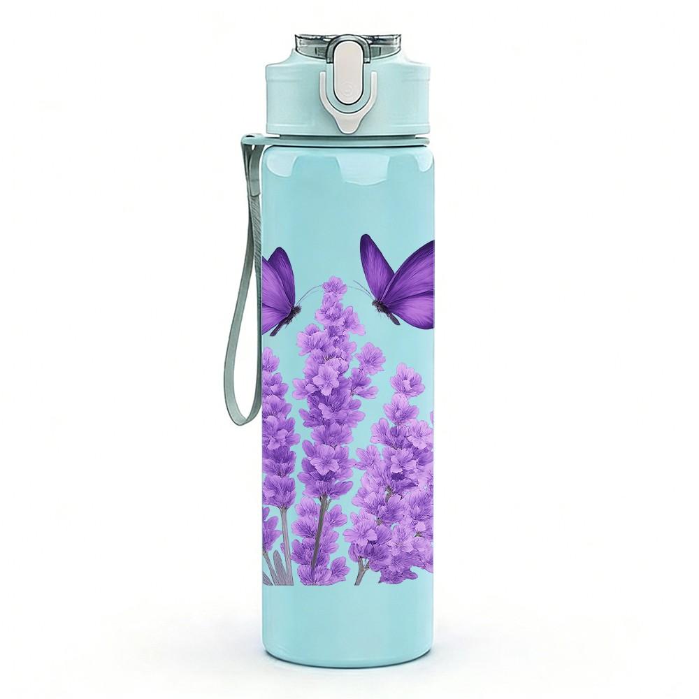 1PC Twin Purple Butterfly Layout 750ml Color Plastic Sports Water Bottle Leakproof Flip Straw Lid For Sports Office Home Use