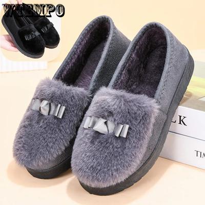 Однотонные теплые, морозостойкие плюшевые туфли-слипоны женские осенне-зимние повседневные туфли большого размера с бантом