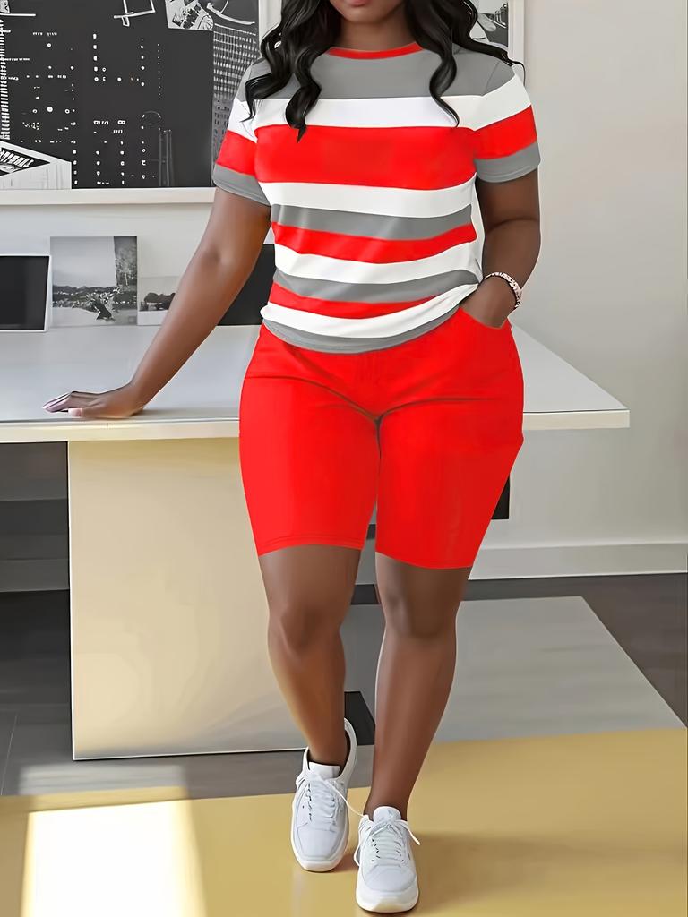 Trendy Plus Size 3d Print Women's Two Piece Set Striped Short Sleeve Top and High Waist Shorts Casual Outfit