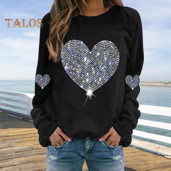 Women Tops Round Neck Long Sleeve Tee Shirt Shiny Sequins Heart Print Sweatshirt Spring Autumn Daily Wear