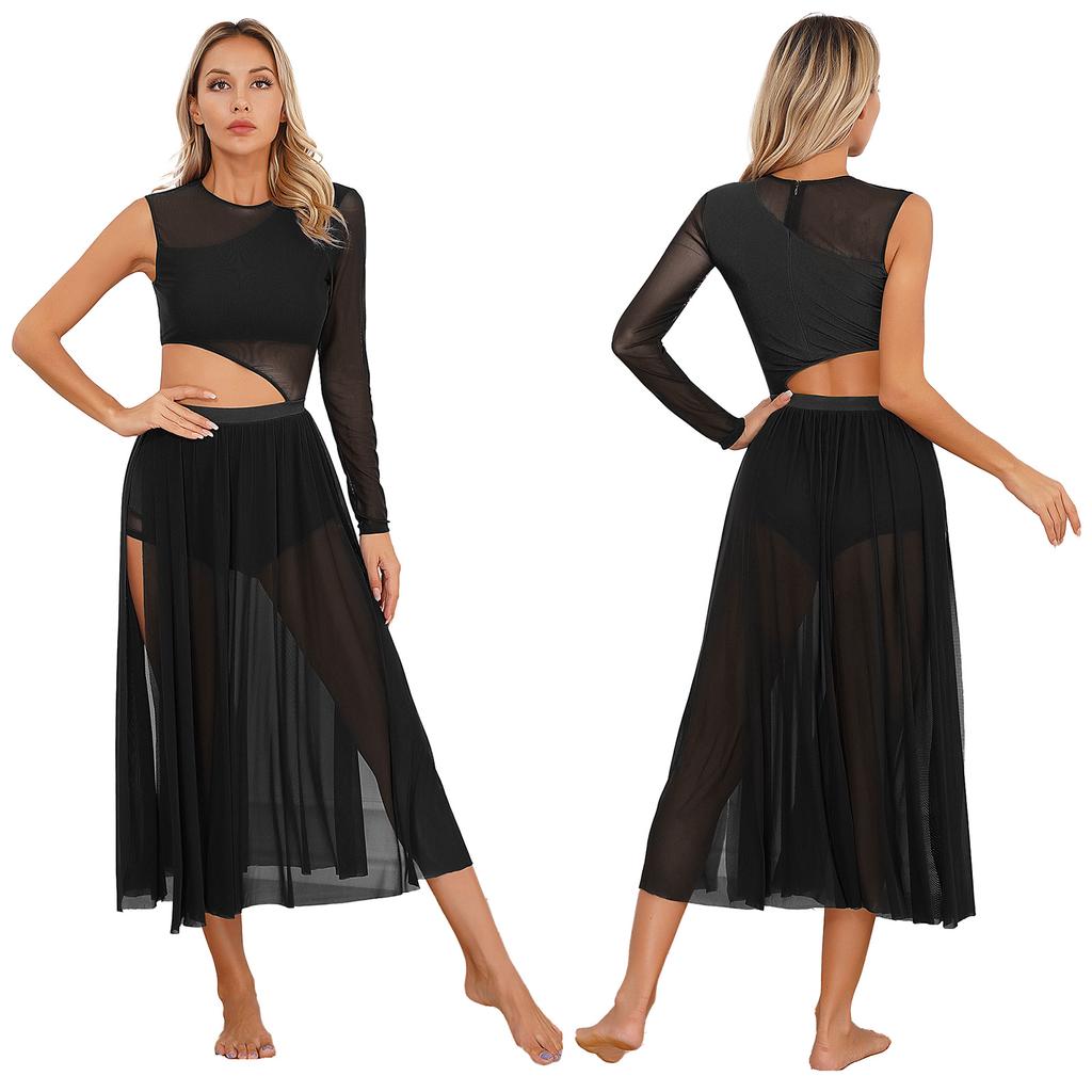 Элегантное струящееся длинное макси-лирическое платье для современного танца, сетчатое платье-майка с длинными рукавами, костюм для современного танца