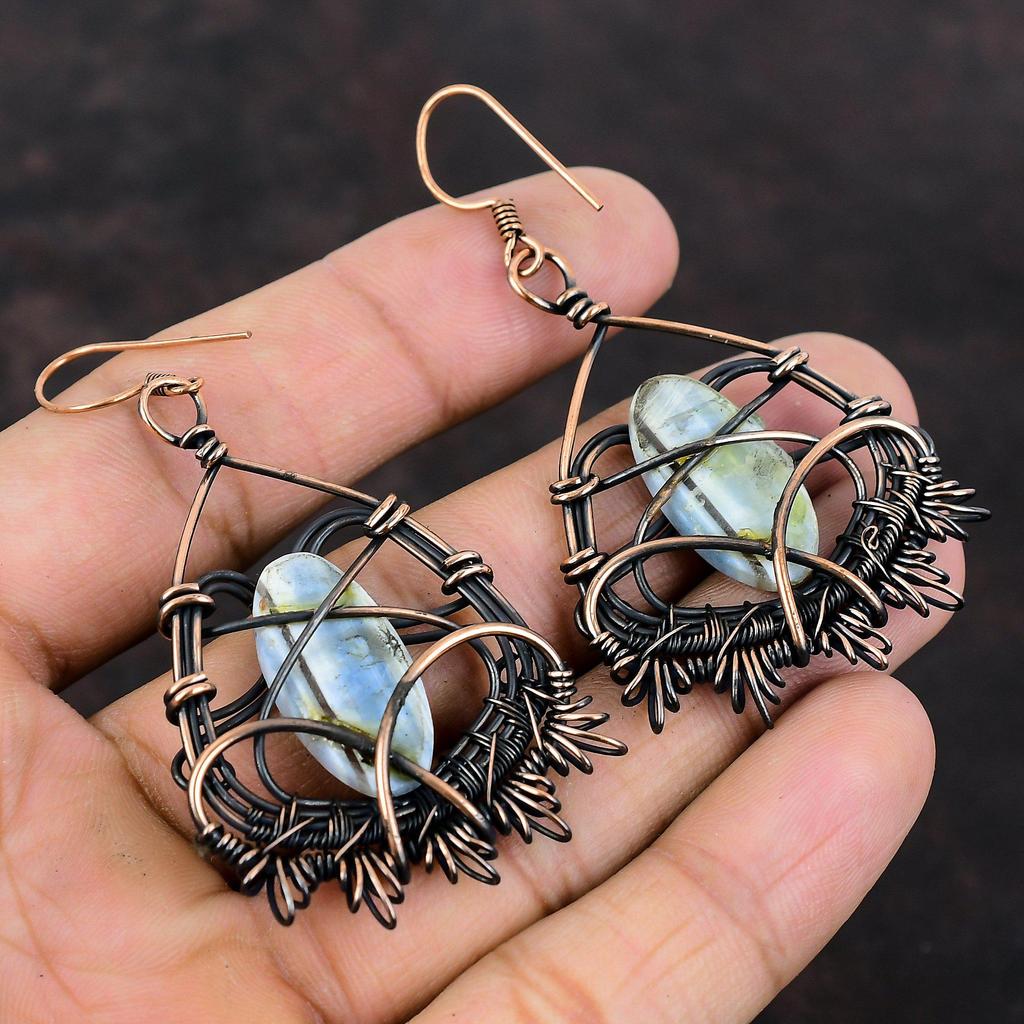 Серьги из меди Owyhee Blue Opal, медная проволочная обернутая серьга, уникальные ювелирные изделия, изящные серьги с драгоценными камнями, серьги ручной работы, медные ювелирные изделия для подарка