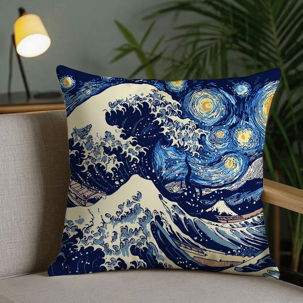Art The Great Wave Off Kanagawa Pillow Case Square DoubleSided Printing Sofa Cushion Cover Pillowcase Bedroom Bedside