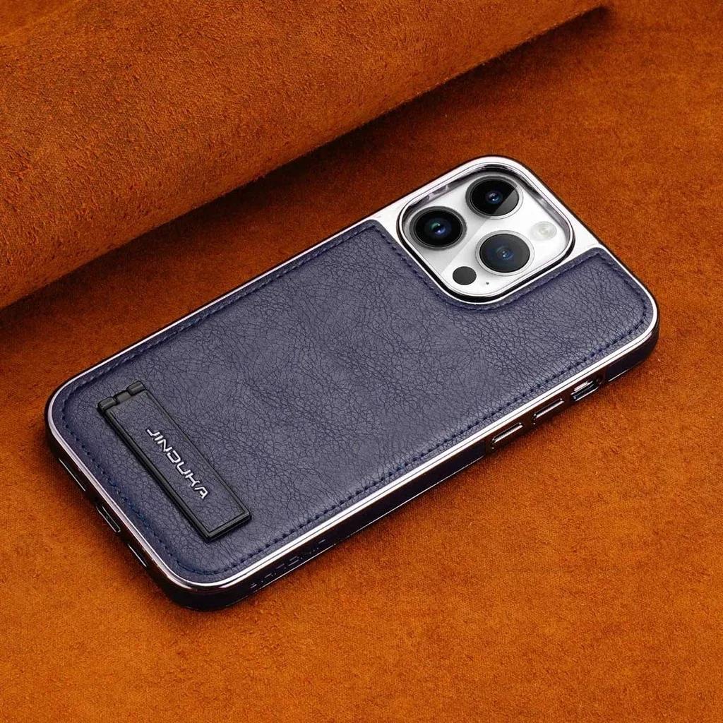 Invisible Bracket Holder Leather Case For iPhone 16 Pro Max 15 Plus 17 14 Pro 13 12 11 Aluminum Lens Electroplated Bumper Cover