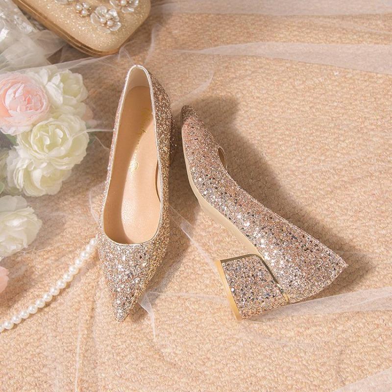 Остроносые элегантные свадебные туфли больших размеров, туфли-лодочки на невысоком каблуке, женские туфли на толстом каблуке с серебристым блеском, женская роскошная обувь