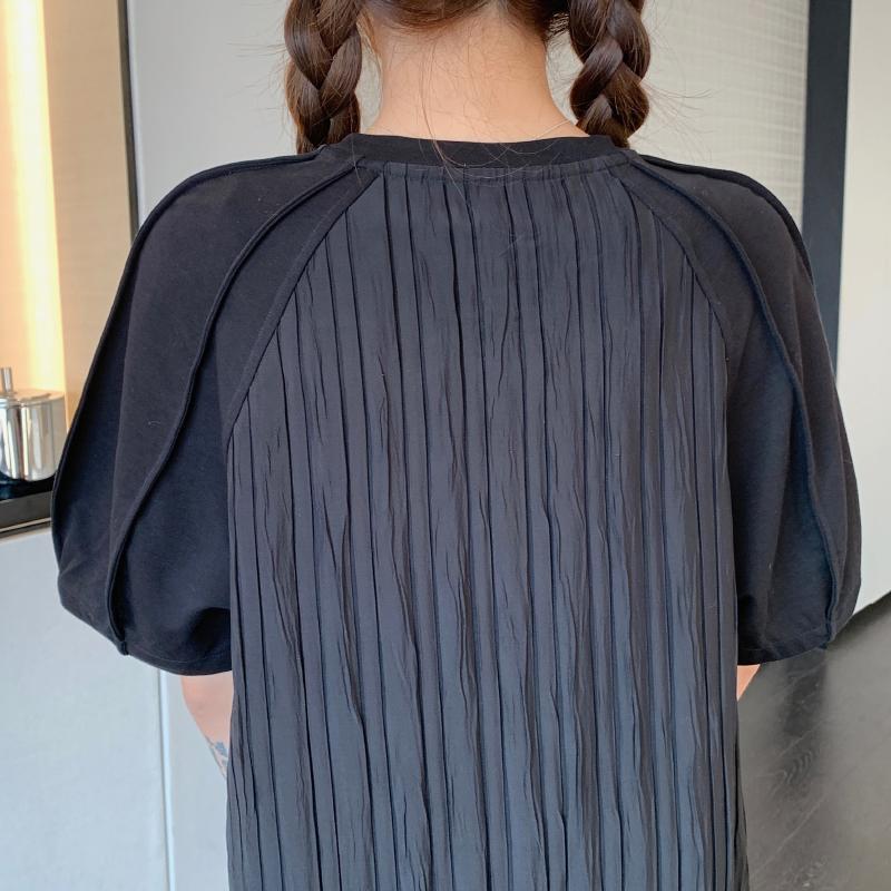 Dimanaf 2025 Summer Plus Size Dress Women Casual Vintage Short Sleeve Pleated Black Long Dress Loose Basic Dress