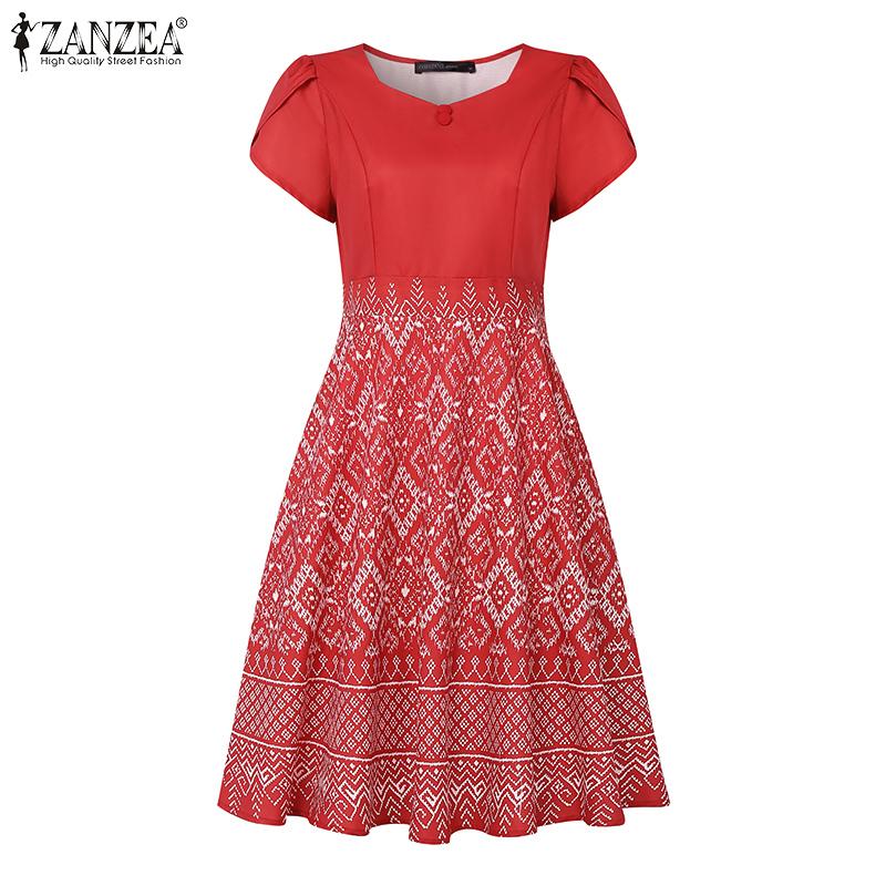 ZANZEA Women Casual Square Neck Summer Short Sleeve Print Dress