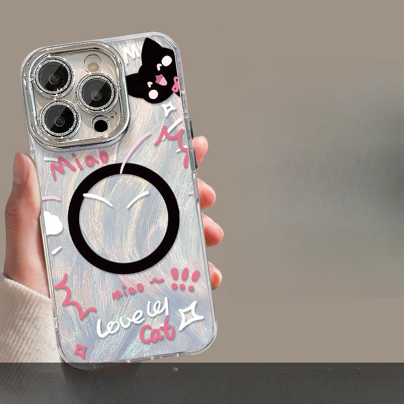 Cute Cat Magnetic Stand, Suitable for Apple 16, Chiffon Phone Case 15, Pro Max High-end Feel 14, Bracelet 13