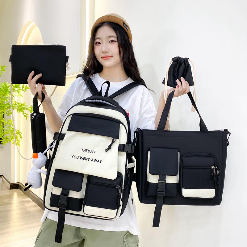 Five-Piece Backpack Set Color Block Schoolbag Women's Lightweight Backpack Large Capacity Travel Backpack for Students