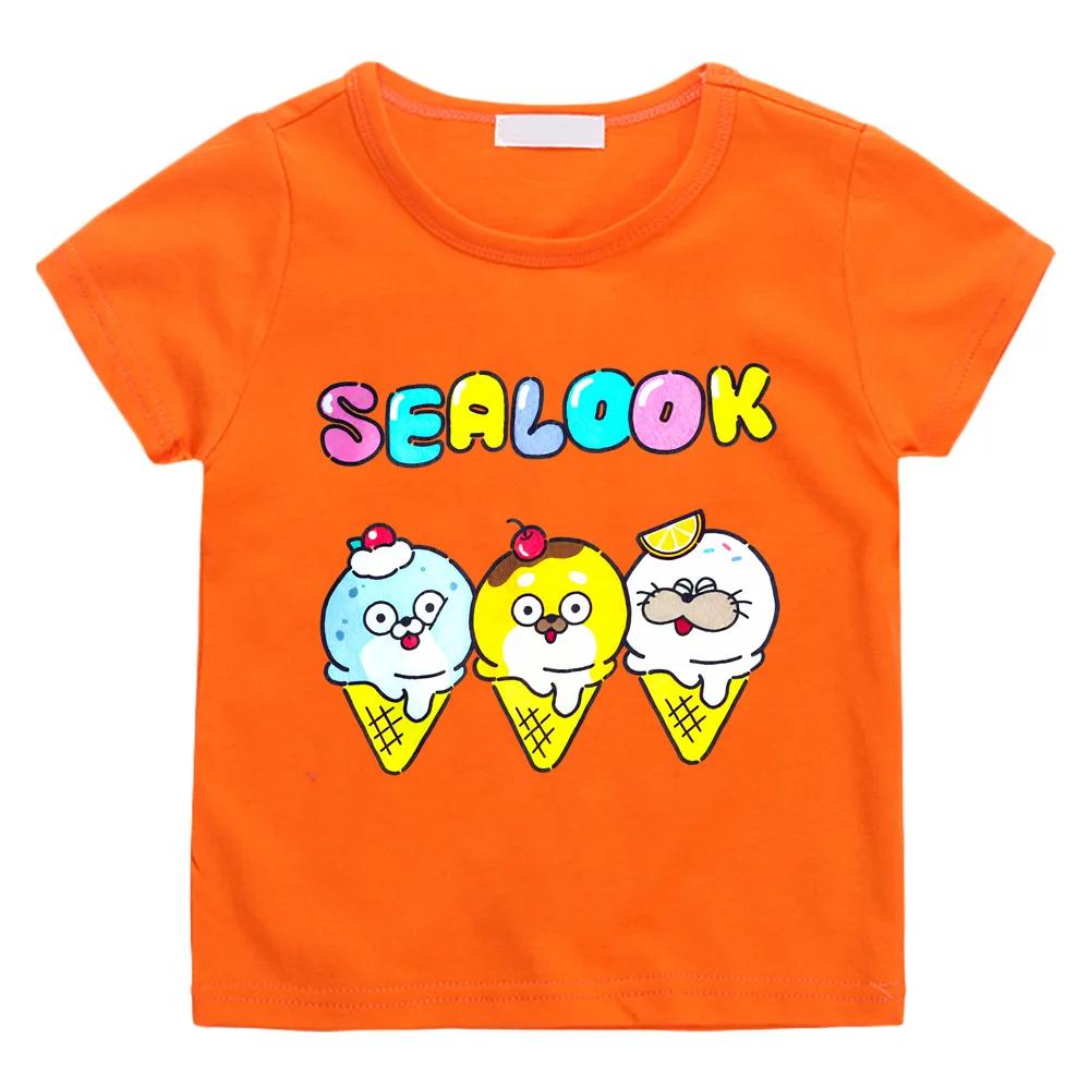 Sealook 100% Хлопок Мультяшные Футболки Детские Милые Мальчики Девочки Короткий Рукав Дышащие Кавайи Детские Высокое Качество Круглый Вырез Футболки