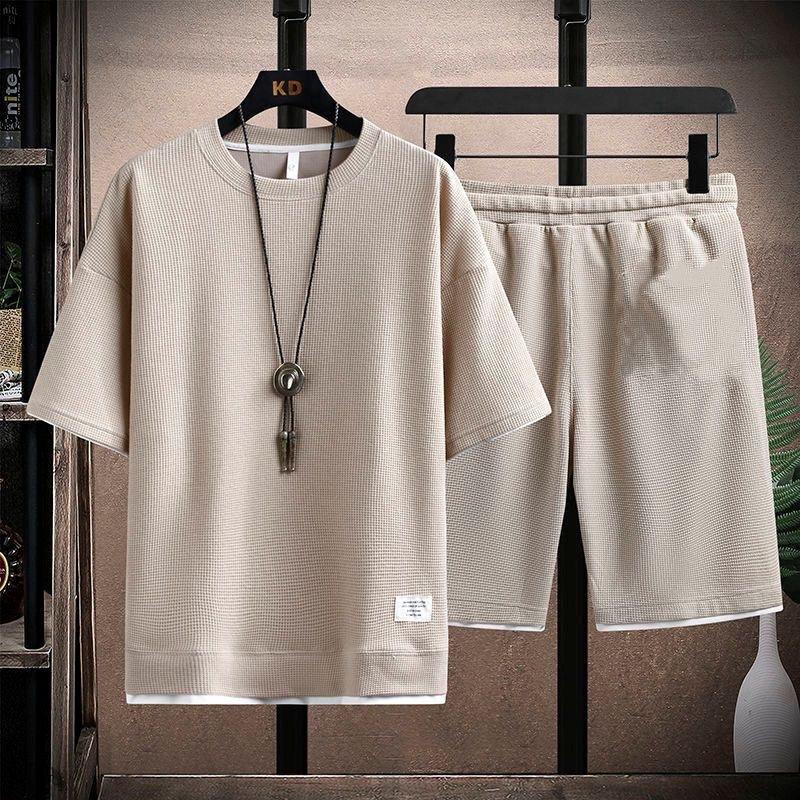 Men's Waffle Summer Sets Casual T-Shirt+Shorts Set Male Sports Suit Solid Color Tracksuit Loose Suits