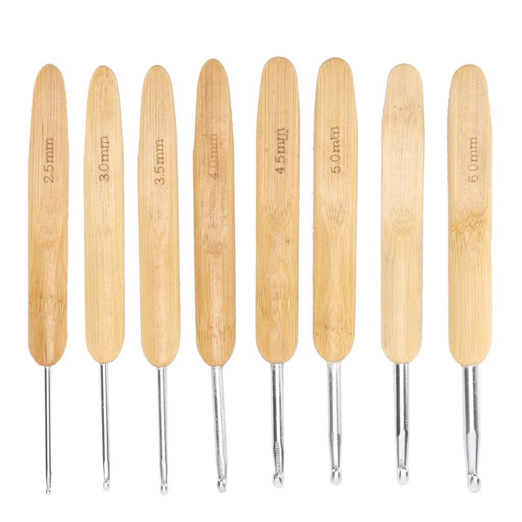 8Pcs Aluminum Crochet Hooks Round Head Knitting Needles with Bamboo Handles for Yarn Craft